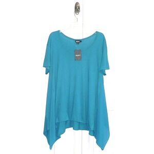DKNY Women's Short Sleeve Inset Handkerchief Hem Oversized Tunic Turquoise Small